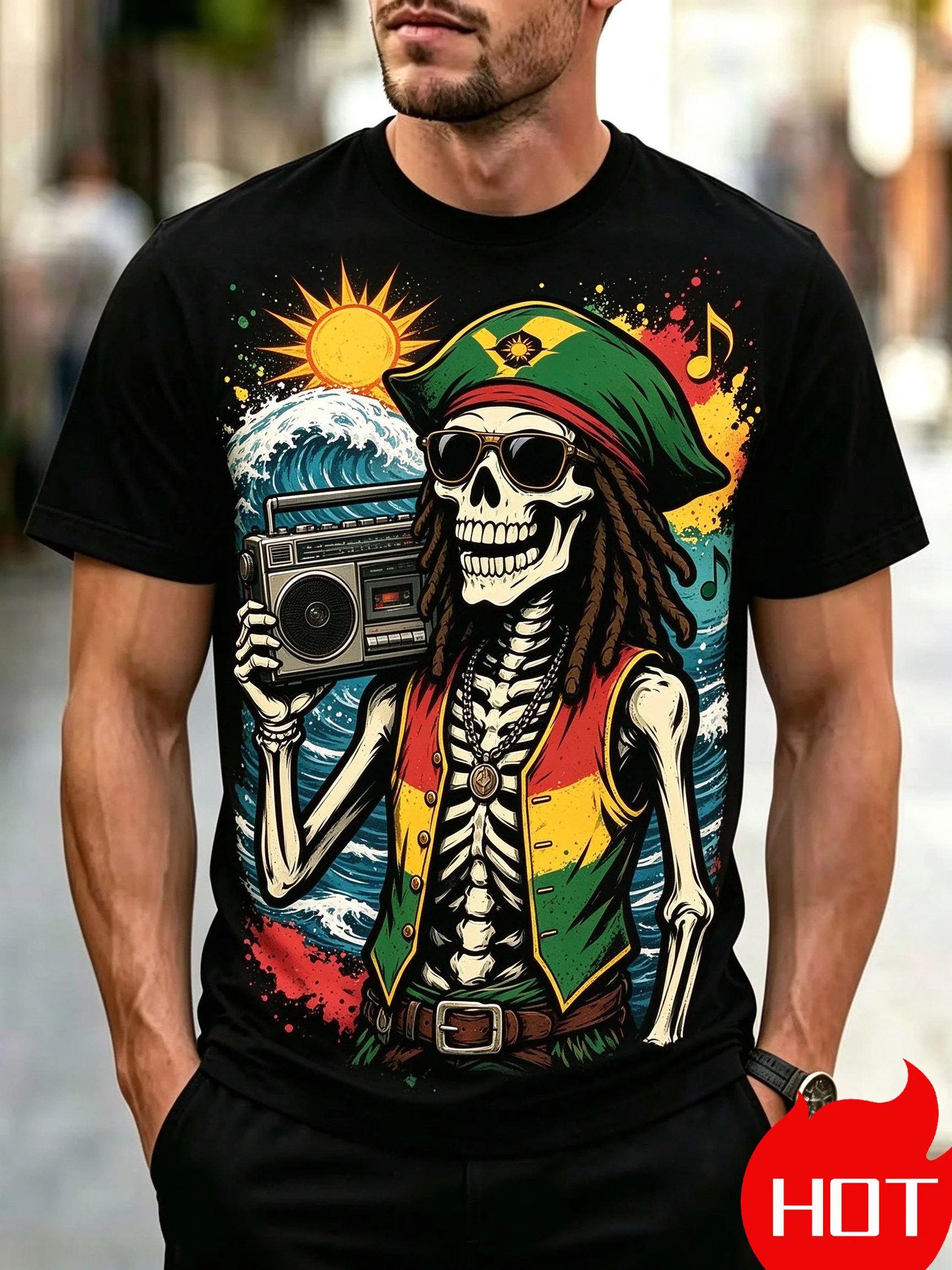 Vintage Reggae Music Style Dreadlocks Skull Graphic Print Men Short Sleeve T‑Shirt Hip‑Hop Street Casual Oversized Men's Clothes