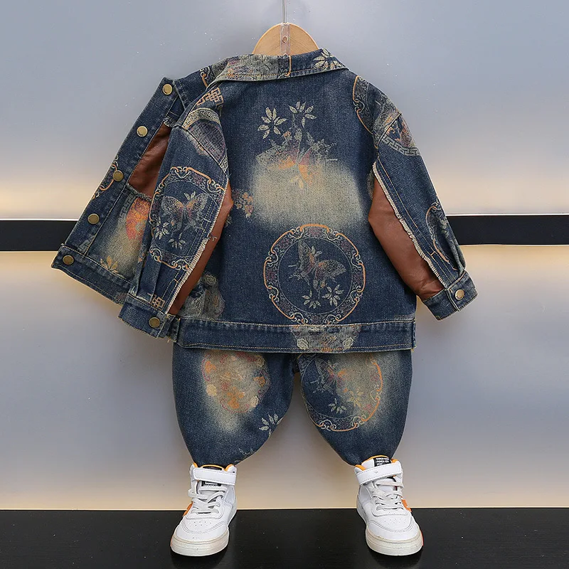 Boys Casual Cowboy Suit Autumn Teen Retro Cool Denim Jacket and Pants 2Pcs Big Kids Clothes Suits Children Print Outfit 2-10Year