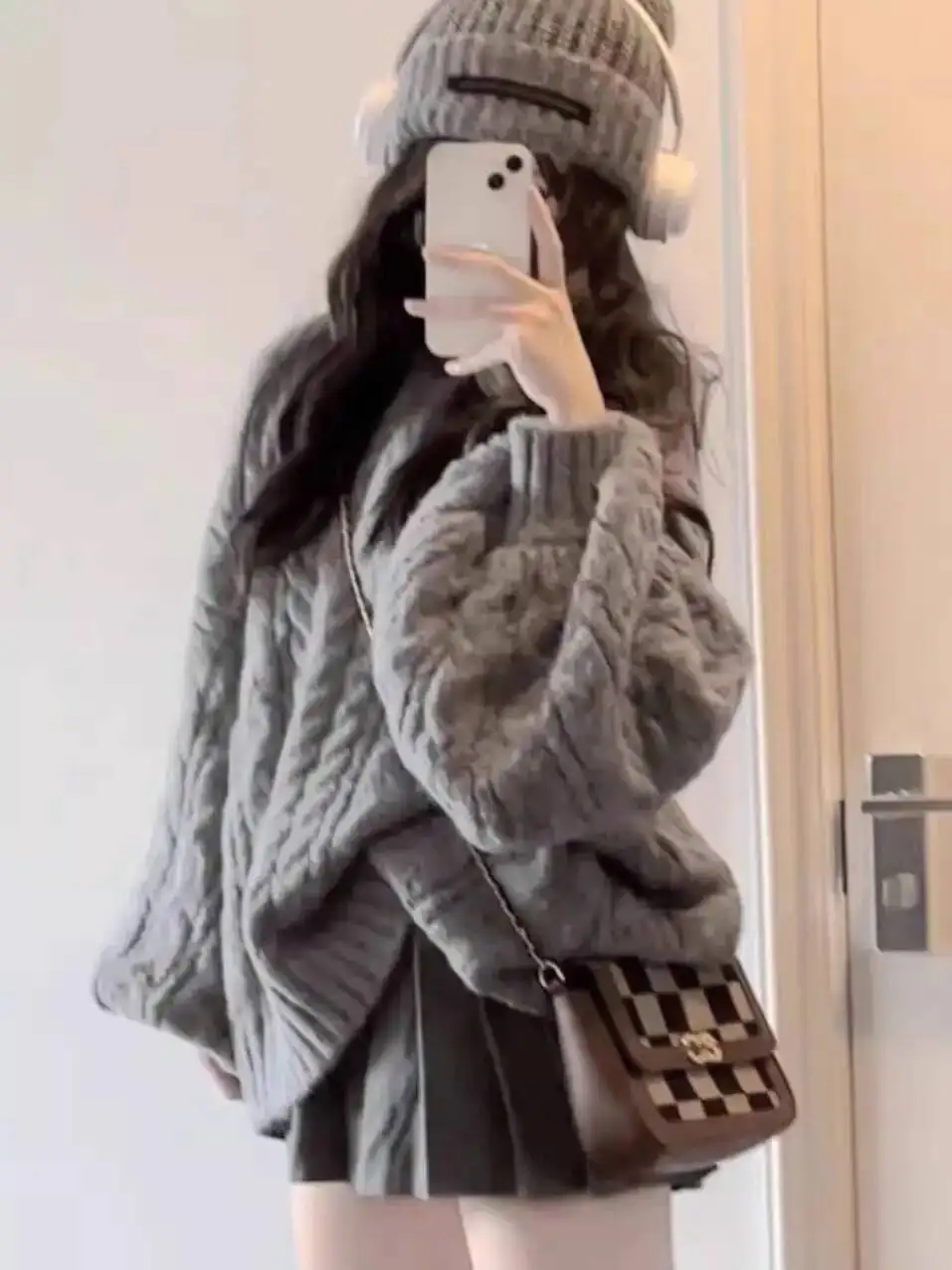

Long Loose Knitting Sweater Women's V Neck Gray Knit Sweater Spring Loose Retro Lantern Sleeve Knitwear Lazy Style