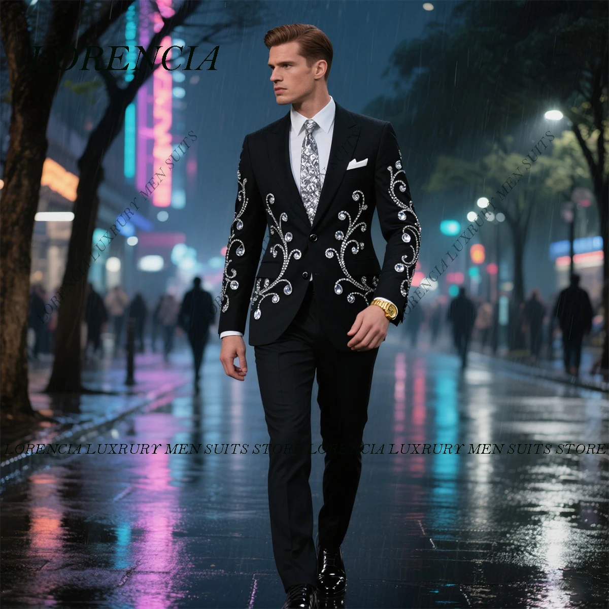 

Customized High End Diamond 2 Pieces Sets Men Suits Shawl Lapel Groom Gem Beadeds Tuxedos Party Prom Blazer Costume Homme