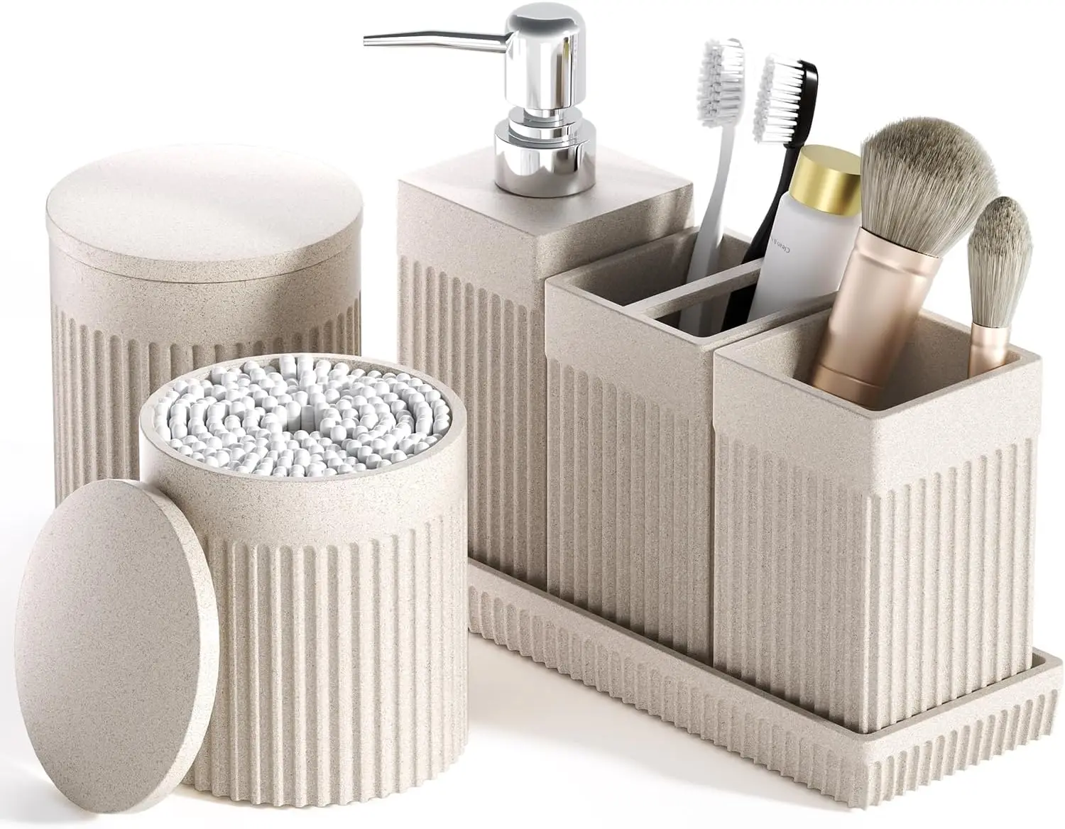 

6-Piece Beige Bathroom Set - Sleek Resin Bathroom Accessories Set with Soap Dispenser, Toothbrush Holder, Vanity Tray, Tumbler &