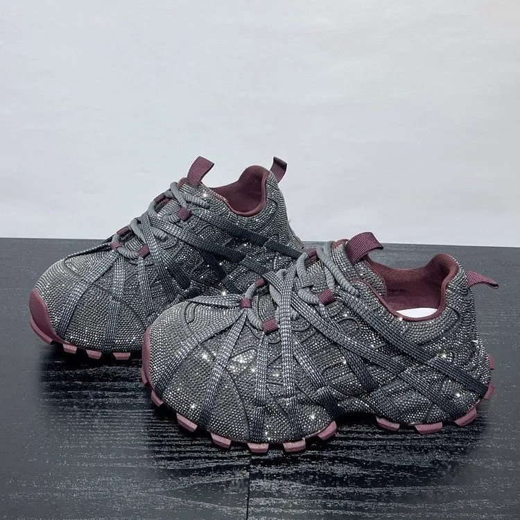 

Women's Platform Dad Sneakers with Stars, 2026 Autumn New Rhinestone Lace-Up Casual Street Sports Shoes Trendy Sneakers