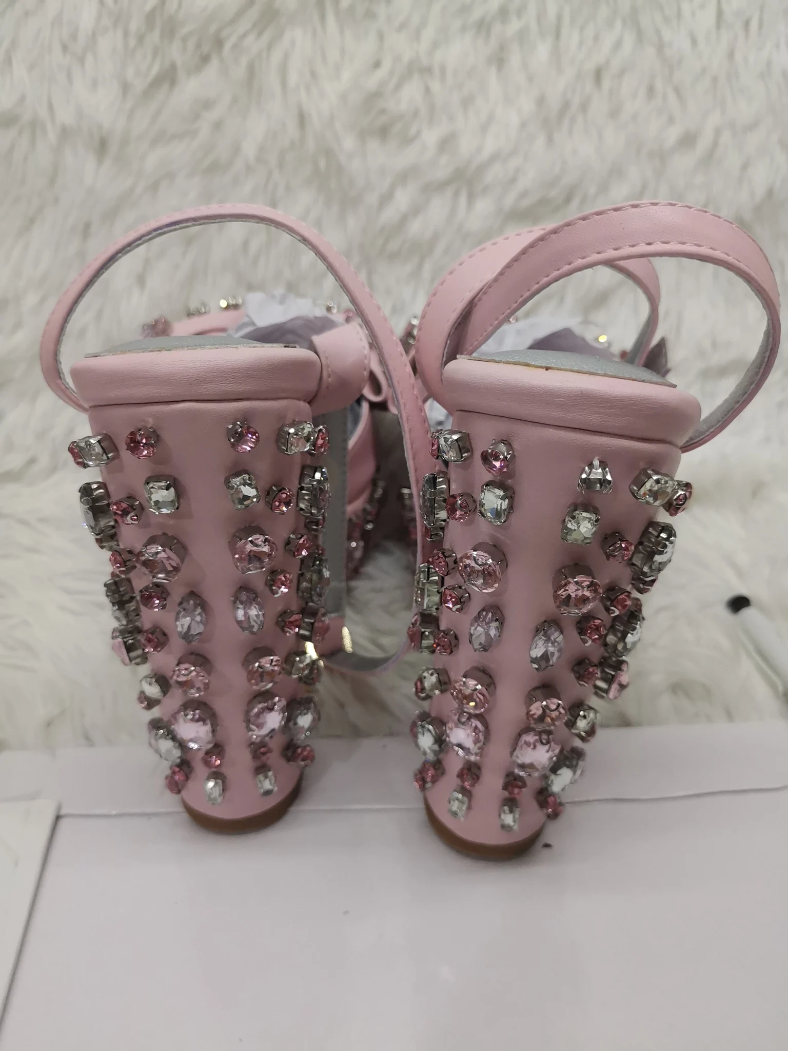 Diamond Pink Butterfly Knot Sandals for Women Chunky Heel Platform High Heels Summer Shoes Crystal Sweet Buckle Peep Toe Sandal