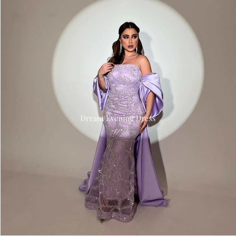 Dream Dress Elegant Purple One Line Neck Tulle Sequin Evening Dresses Shawl Sleeves Mermaid Formal Prom Gowns For Women 2023