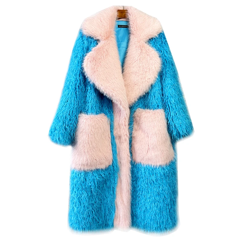 Original Design Blue Faux Fur Coat Female Fashion Baggy Lapel Long Jacket Lady Shaggy Outerwear Women\'s Winter Coats Promotion