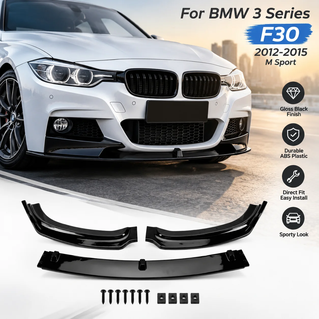 Für BMW 3er F30 Frontstoßstangenlippe Spoiler Glanzschwarz 2012-2015 M Sport 320i Ersatz-Frontlippe Spoiler ABS-Kunststoff Langlebig Direkte Passform Einfache Montage Autozubehör Auto-Styling