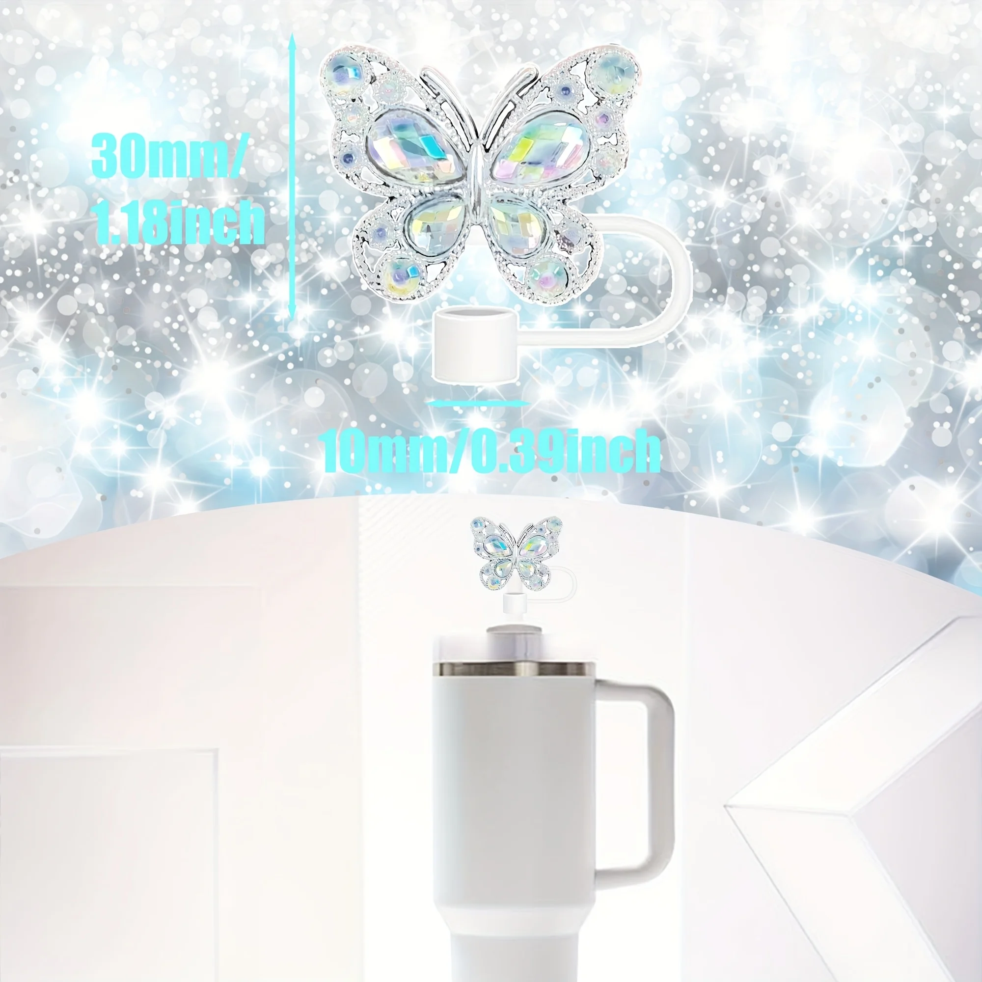 4 قطع من أغطية القش المصنوعة من السيليكون على شكل فراشة لامعة، أغطية قابلة لإعادة الاستخدام مقاومة للغبار لشفاطات قطرها 1.02 سم، تصميم طرف القش المزخرف