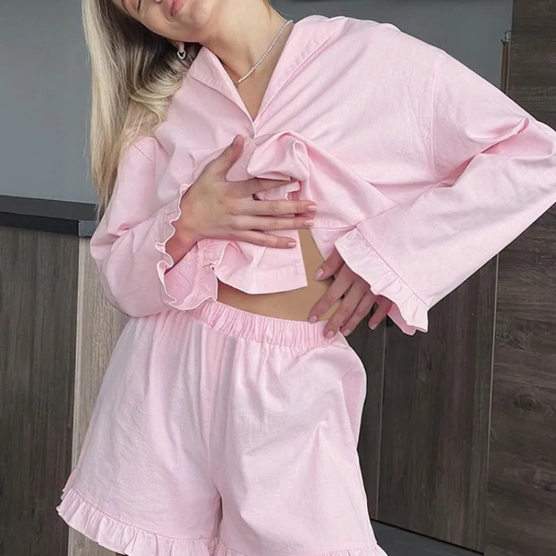 New Women's Pink Cotton Lounge Set Loose Fit Long Sleeve Top Shorts European American Spring Autumn Fashion Sweet Outdoor L Size