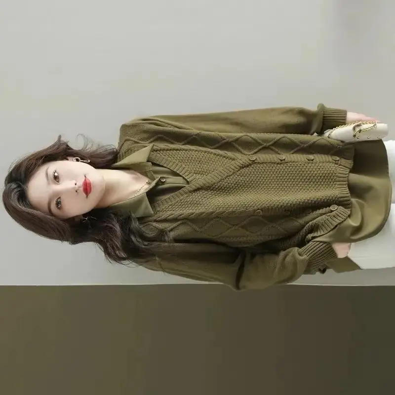 

2025New Autumn Fake Two Winter Knitted Women Sweater Elegant Turndown Pullover Sweater Female Loose Bottoming Shirt Jumper Lady