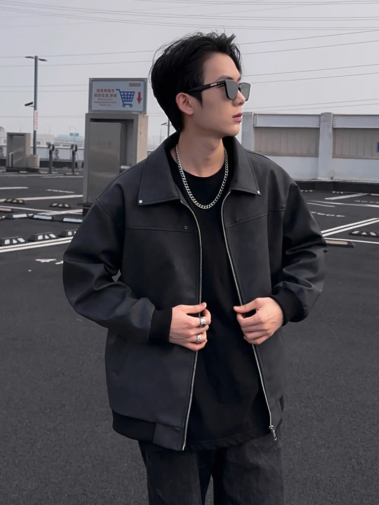 

Bla Rivet Leather Jaet Men's Sle Vintage Collar Jaet American Feel ort Baseball orm Loose Fit Winter Outerwear