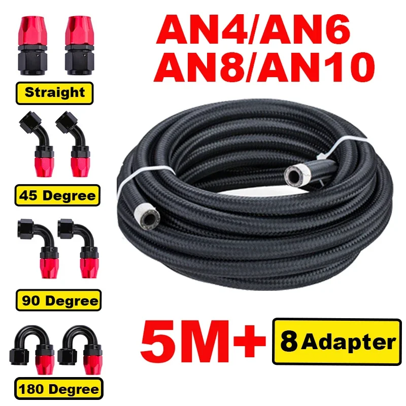 

16FT 5M AN4 AN6 AN8 AN10 Stainless Braided Nylon CPE Oil Fuel Fittings Hose End 0+45+90+180 Degree Oil Adaptor Kit Oil Fuel Hose