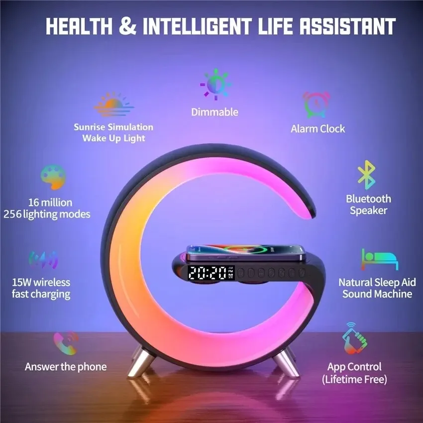 G Wireless Charger Stand Alarm Clock Bluetooth Speaker RGB Night Light Lamp Fast Charging Station Dock for iPhone Samsung Xiaomi