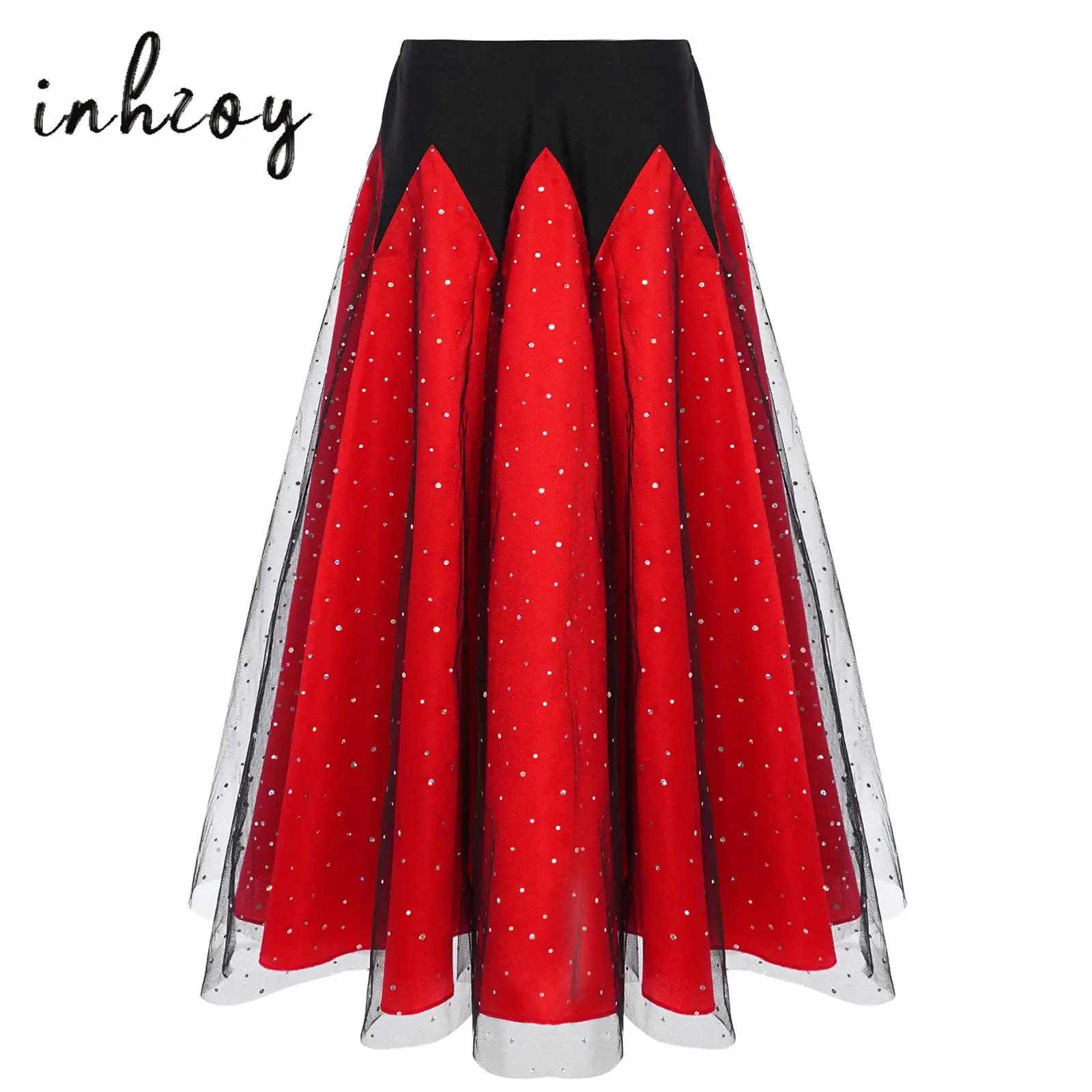 Abito da flamenco spagnolo per bambina, valzer, sala da ballo, gonne, paillettes scintillanti, blocco di colore, elastico in vita, gonna in tulle arricciato
