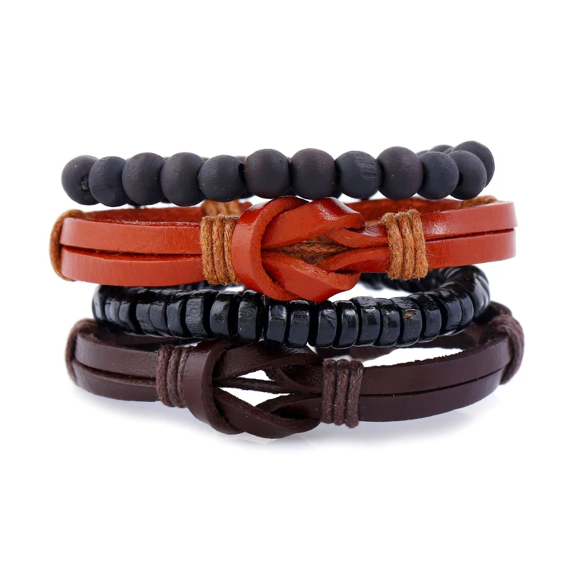 

Genuine Leather 4Pcs/set Multilaye Weave Charm Wrap Men Bracelet Male Jewelry Black Woods Beads Leather Bracelets for Women 2022