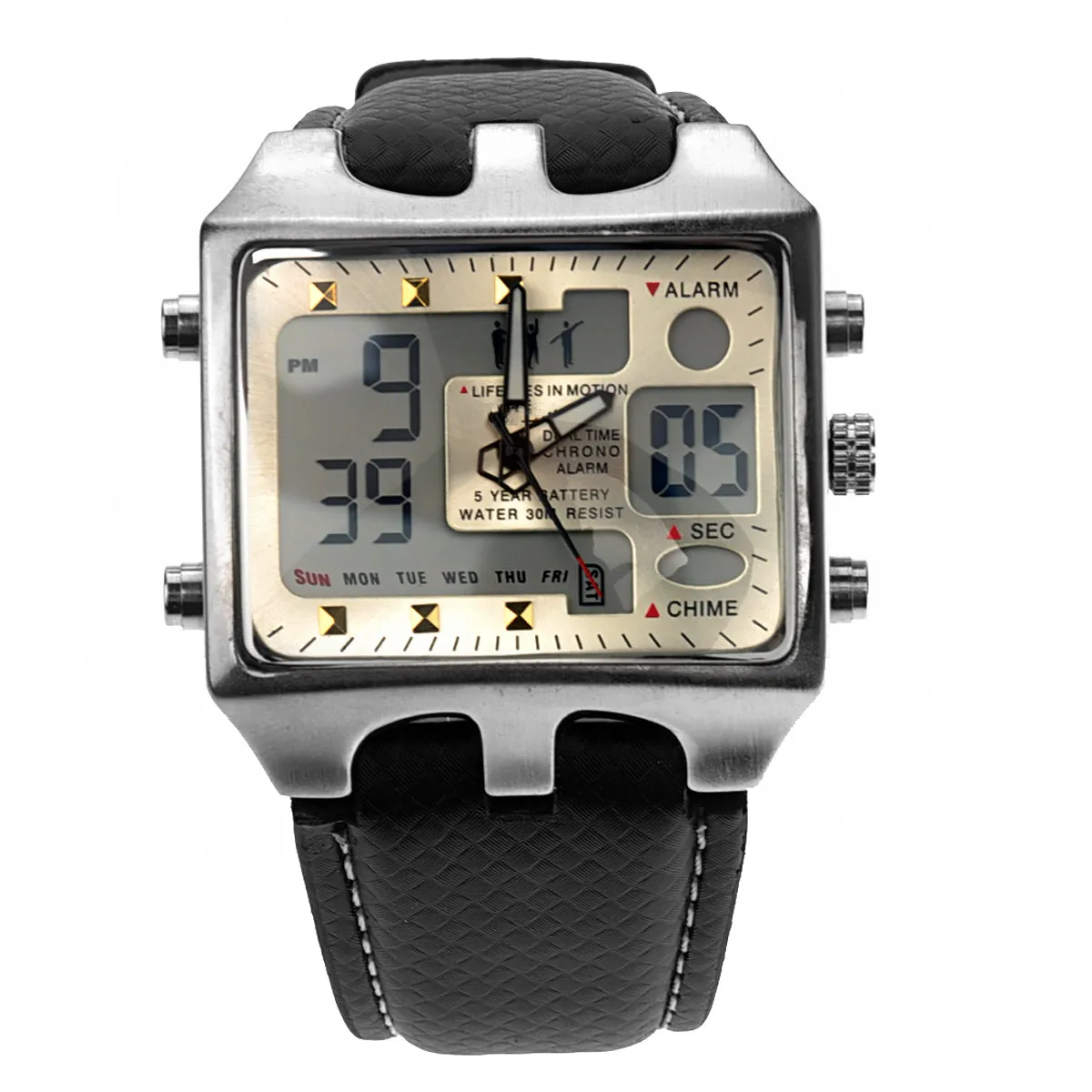 

Ad0930 Men's Quartz Electronic Watch White Dial Dual Time Stopwatch Alarm Date Week Hourly Chime 30M Waterproof PU Band