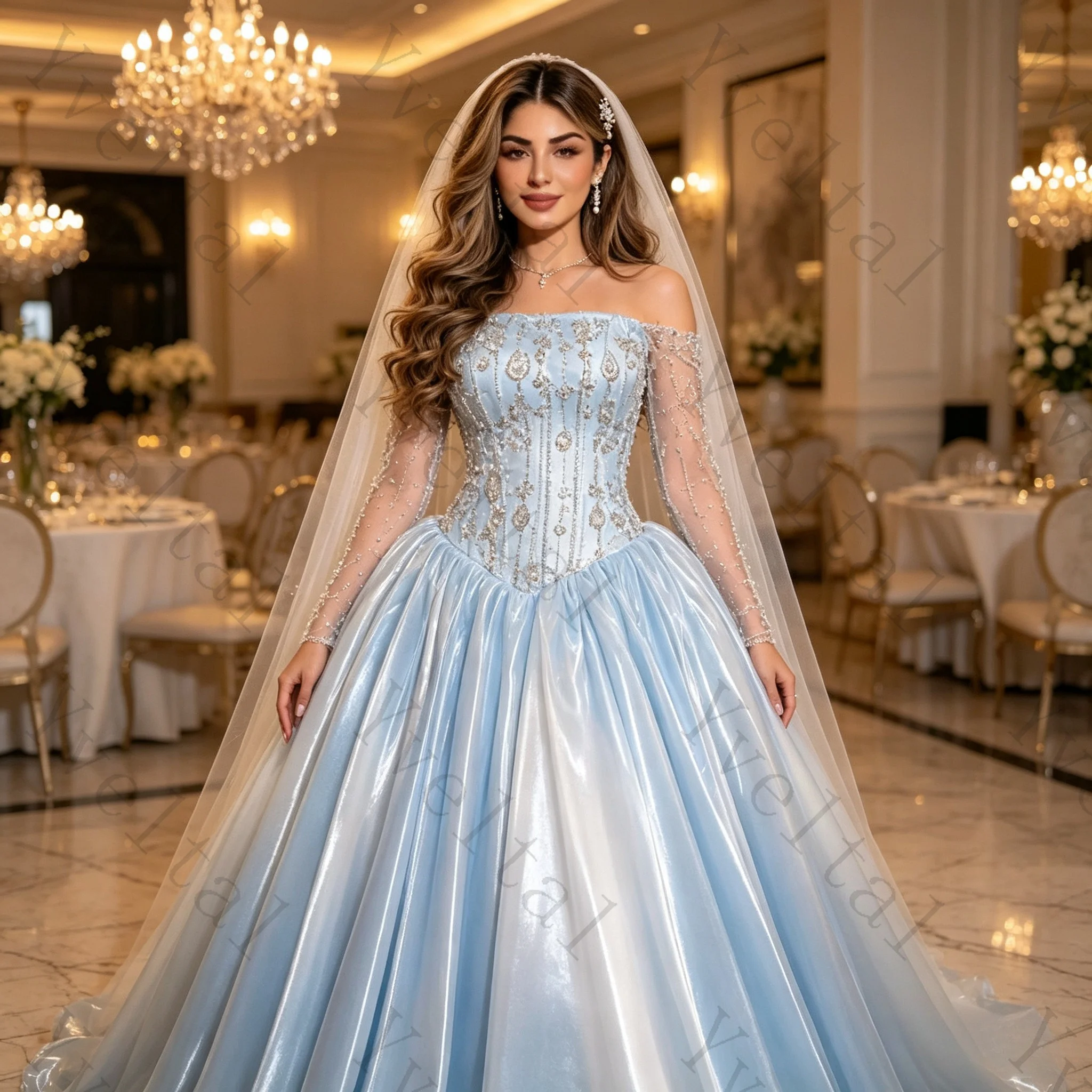 Customized Women Ice Blue Sheer Sleeve Bridal Gown Beaded Bodice A‑Line Skirt Formal Dress for Wedding Reception Party Events