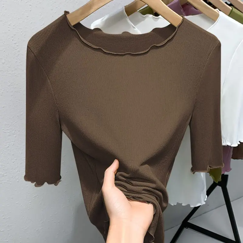 แฟชั่นO-คอสีทึบเสื้อเกาหลีเสื้อผ้าผู้หญิง2025ฤดูร้อนใหม่Slim Casual Pullovers Tops All-Matchเสื้อ