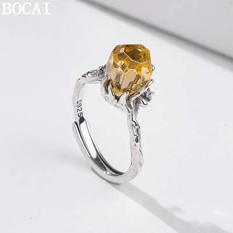BOCAI New S925 Silver Simple yet Luxurious Irregular Yellow Crystal Engagement Ring Women's Choice Gift