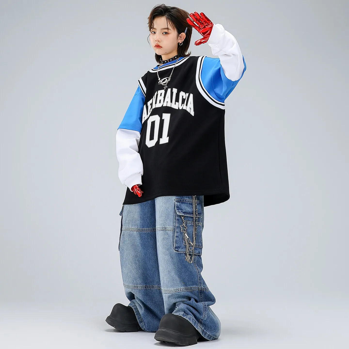 Children Boys Girls Streetwear Hip Hop Loose Long Sleeve T-shirt Jeans Sets Kids T Shirt Trousers Tracksuits Stage Clothes