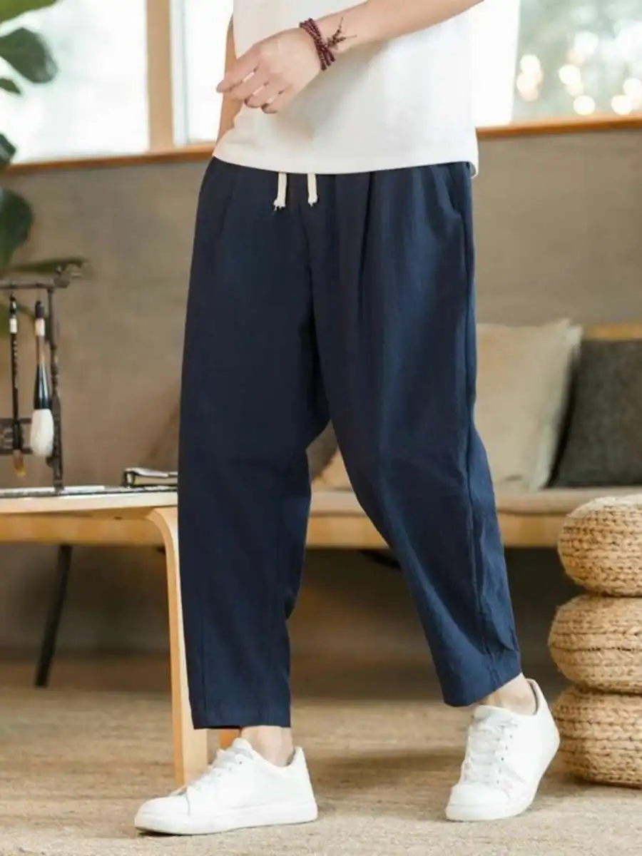 

Men's Casual Cotton Linen Straight Leg Pants Summer Lightweight Breathable Loose Fit High Waist Nine Points High Street Sle