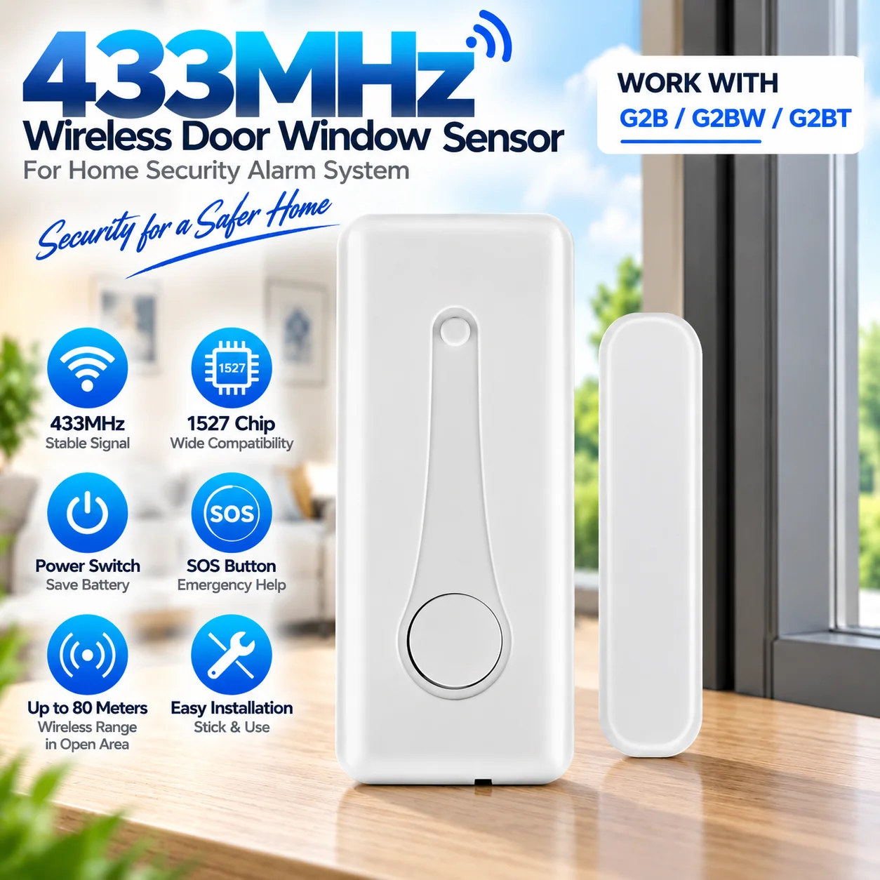Wireless Magnetic Door & Window Sensor EV1527 Coding Mode RF 433MHz for Our WIFI Security Alarm System Home Burglar Alarm Kits