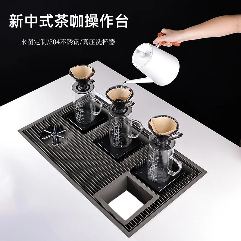 Stainless Steel Hand Flushing Table – Embedded Filter Sink for Coffee Utensils, Tea Sets & Cup Rinsing