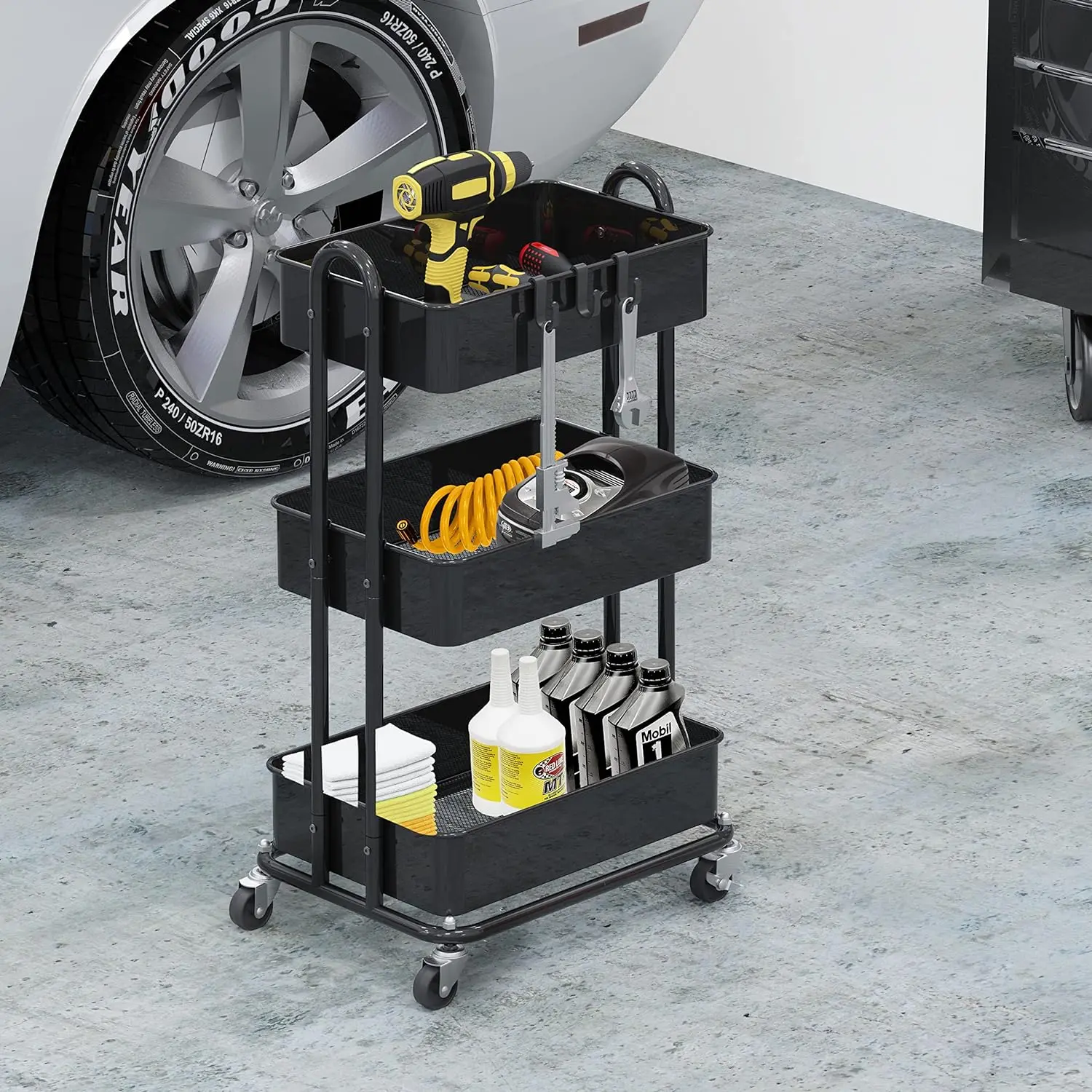 Heavy Duty 3-Tier Metalen Utility Rollende Kar, Zwart