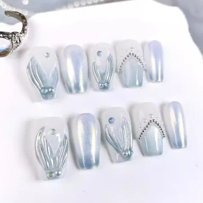 10Pcs Coffin Handmade Press On Nails Full Cover Mermaid Design Pearl Aurora Summer False Nails Wearable Manicure Nail Tips Art