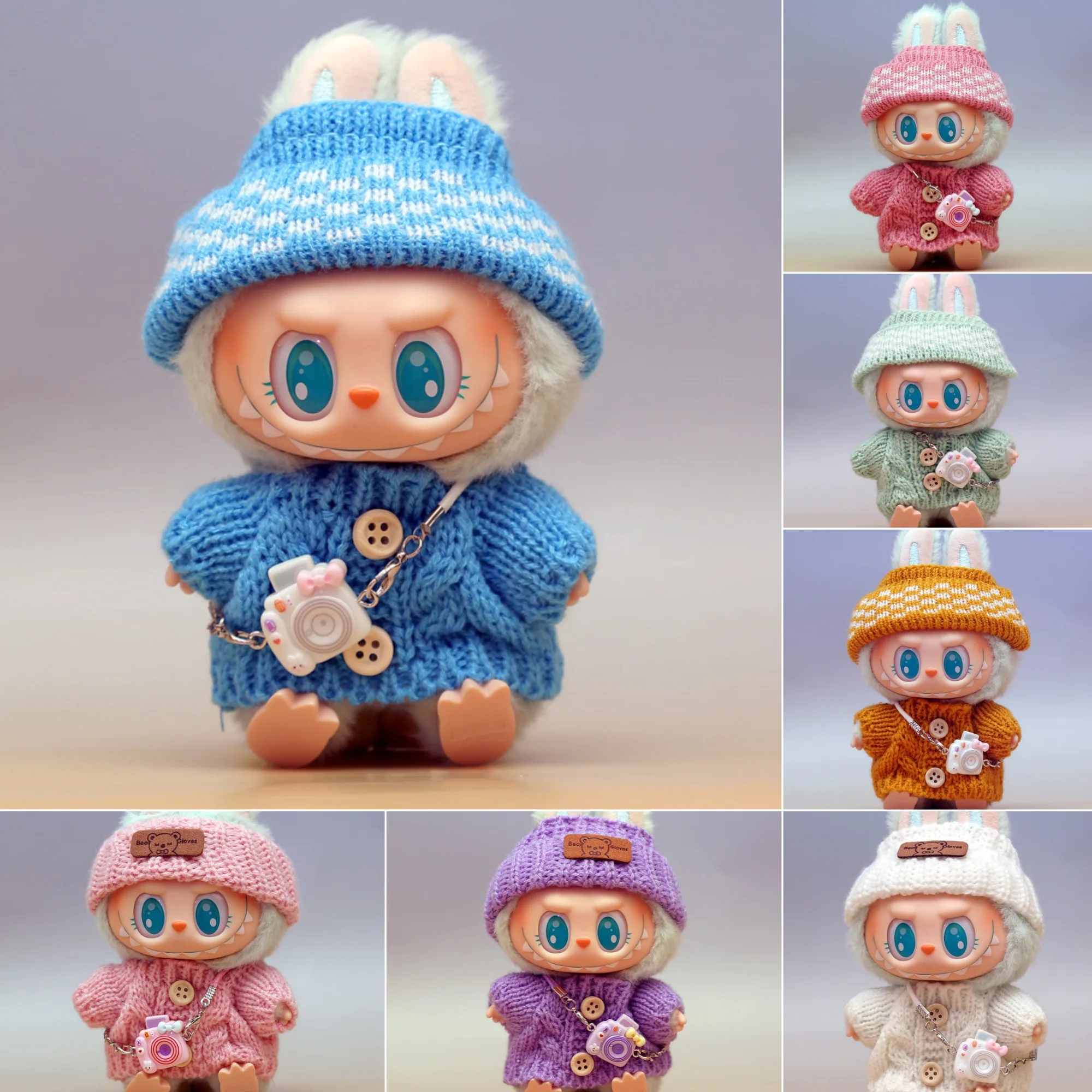 

Clothes For Labubu Handmade Knitted Sweater Set With Small Bag Camera Clothing Accessories Suitable For 15 / 17 Cm 1- 3rd Gen