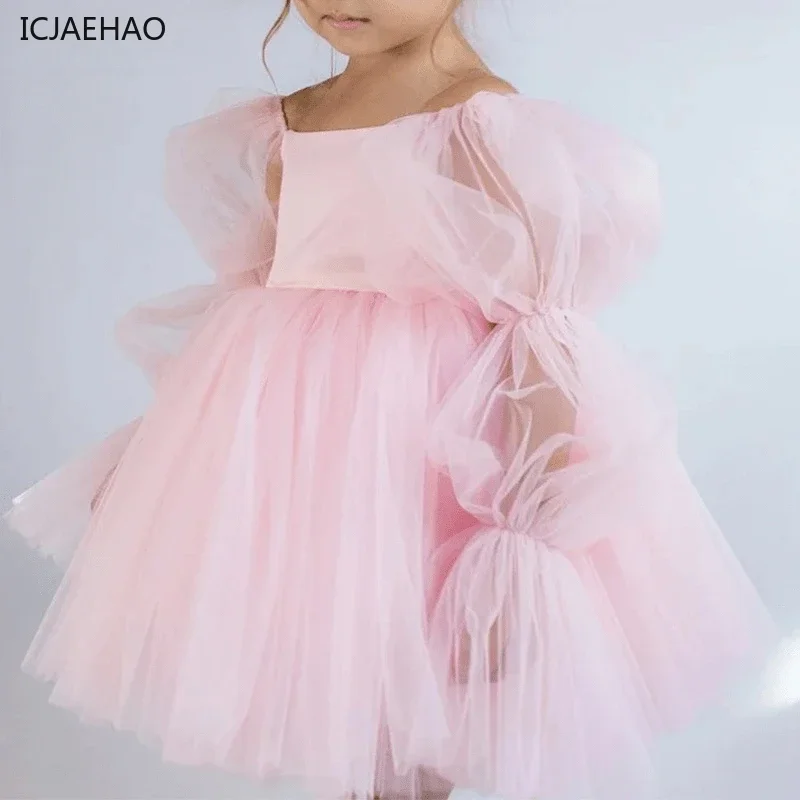 

ICJAEHAO 2024 Fashion Baby Girl Princess Tutu Dress Wedding Party Birthday Clothes Puff Sleeve Infant Toddler Kids Tulle Costume