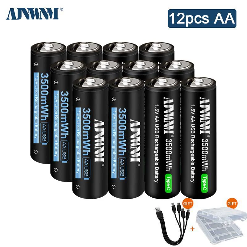 USB 1.5 فولت ليثيوم أيون AA بطارية قابلة للشحن 3500mWh نوع-C USB شحن AA بطارية ليثيوم AA 2A خلية لمشغل MP3 ميزان الحرارة