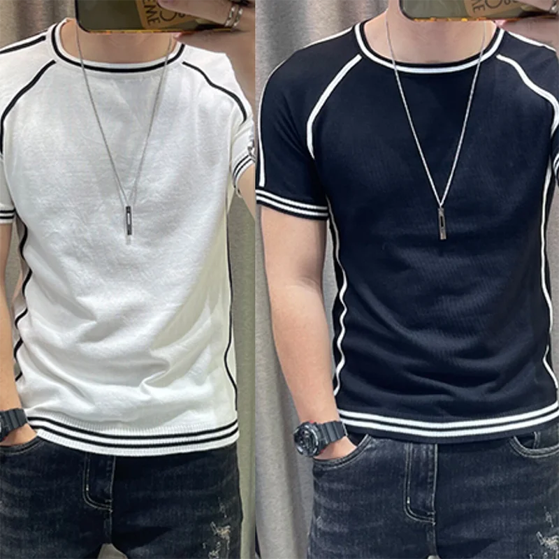 Irregular Lines Herren-Strick-T-Shirt, Sommer, Schwarz, Weiß, Kontrastfarbe, Rundhalsausschnitt, kurze Ärmel, atmungsaktives Strick-T-Shirt – Detail 10