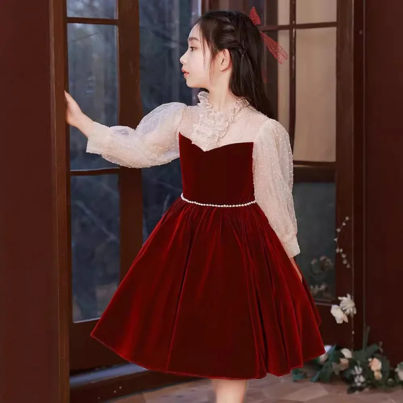 Children's Long Sleeve Evening Girls' High-end Princess Red Flower Wedding Little Girl Piano Performance Dress