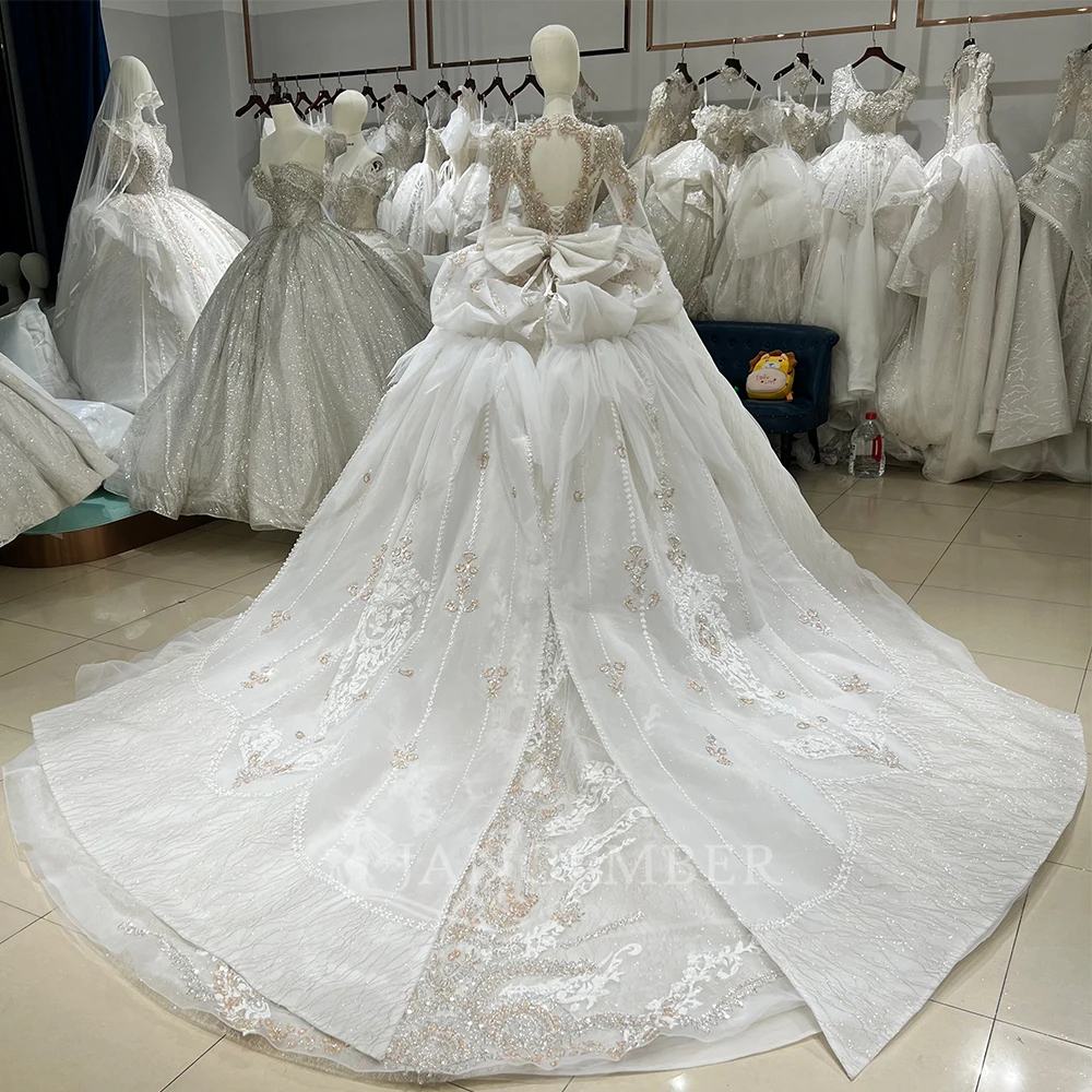 Customized luxury Ball Gown Sparkly Wedding Dresses V Neck Long Sleeve Robe De Mariee Beaded Princess Glitter Vestido De Novia