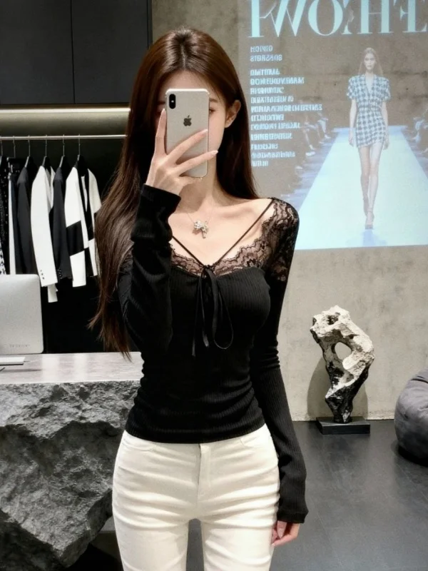 

plus Size Women's Long Sve Knitted Lace Patchwork V-Ne Slimming Base irt Faionable Autumn Winter Warm Comfortable Top