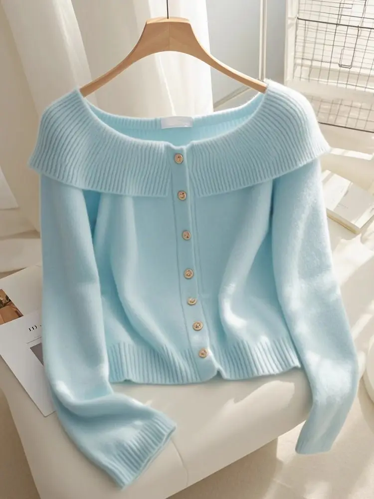 

Spring 2026 Women's Faion Knitted Open Cardigan Soft Lazy Single Button oulder Bared Sweater Blue Outerwear Long Sve