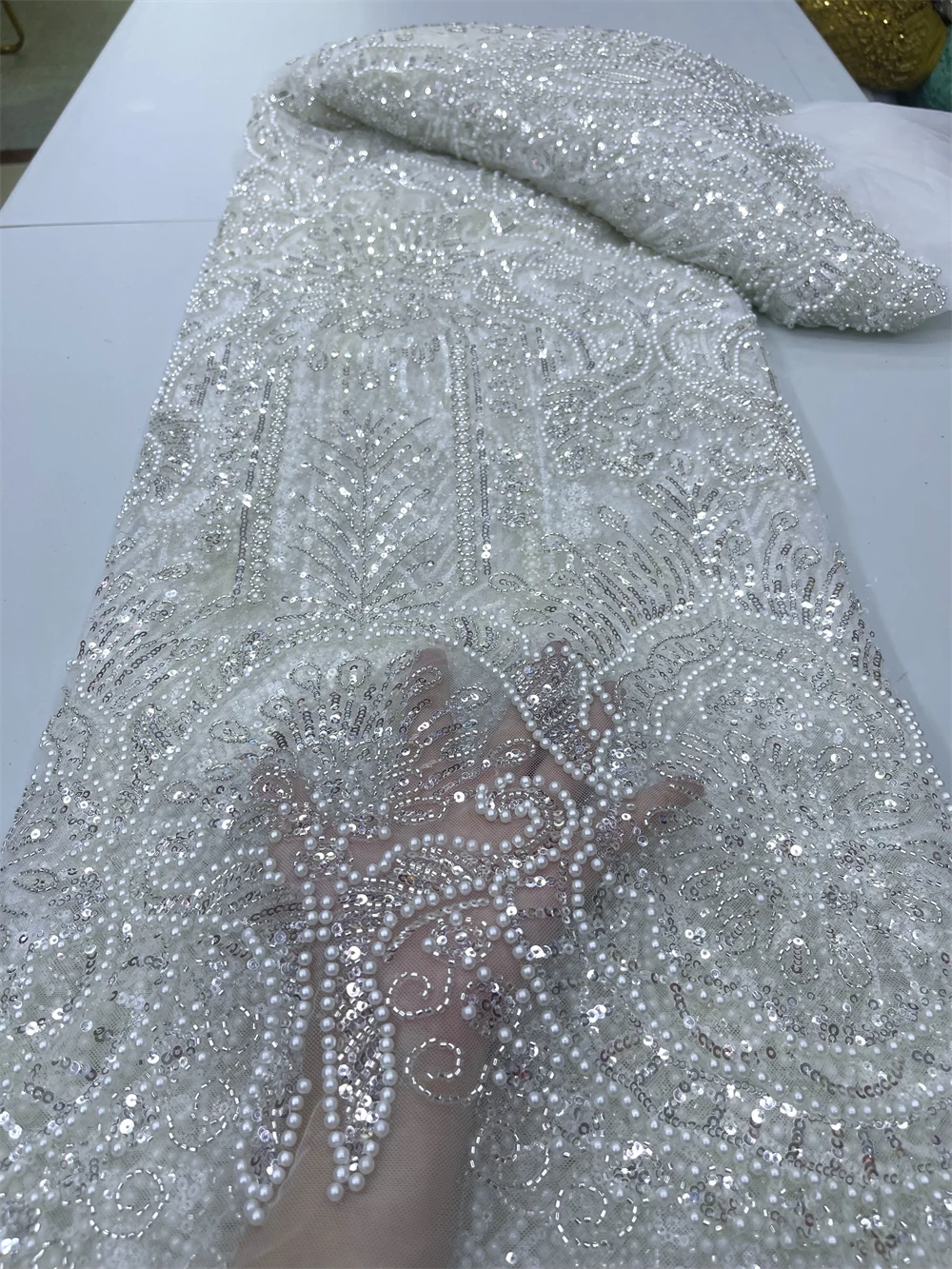 Luxury African Mesh Lace Sequin Fabric,Fabrics By The Meter,For Sewing,Beaded,White,Tulle,Wedding Dresses,Embroidery,5 Yards