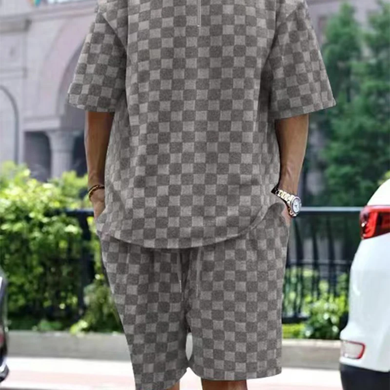 New Chessboard grid 2-piece Set for Men  Loose Casual Short Sleeves+Short Shorts Set Summer Flip Collar Sportswear Mens Clothing