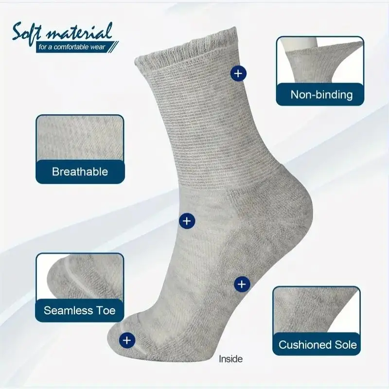 Diabetic Crew Socks Non-Binding Loose Fit For Women & Men Soft Cushioned Sole Moisture Wicking