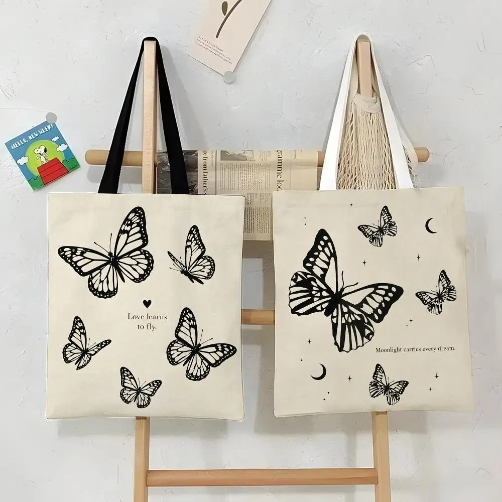 Black Butterfly Storage Bags Canvas Tote Bag Durable Large Capacity Commute Daily Casual Accessory Gift