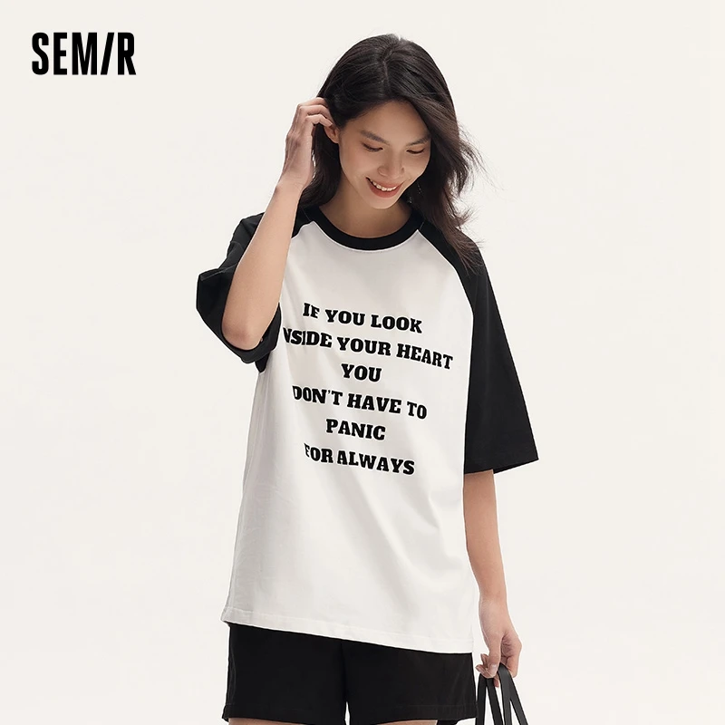 Semir Women T-Shirt Oversize Color-Blocking Sweet Cool Summer Top Letter Print Design Top Tee Female