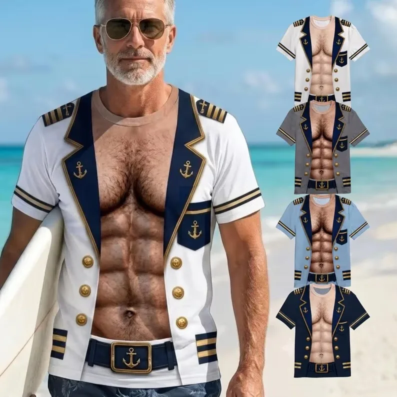 Hot Sale Men Funny 3D Fake Muscle Captain Print T-shirt Short Sleeve Turn-down Collar Tee Novelty Party Cosplay Casual Tops Kids