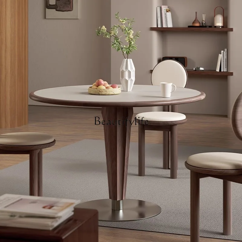 3-Medieval solid wood rock slab round table small apartment French retro modern simple home