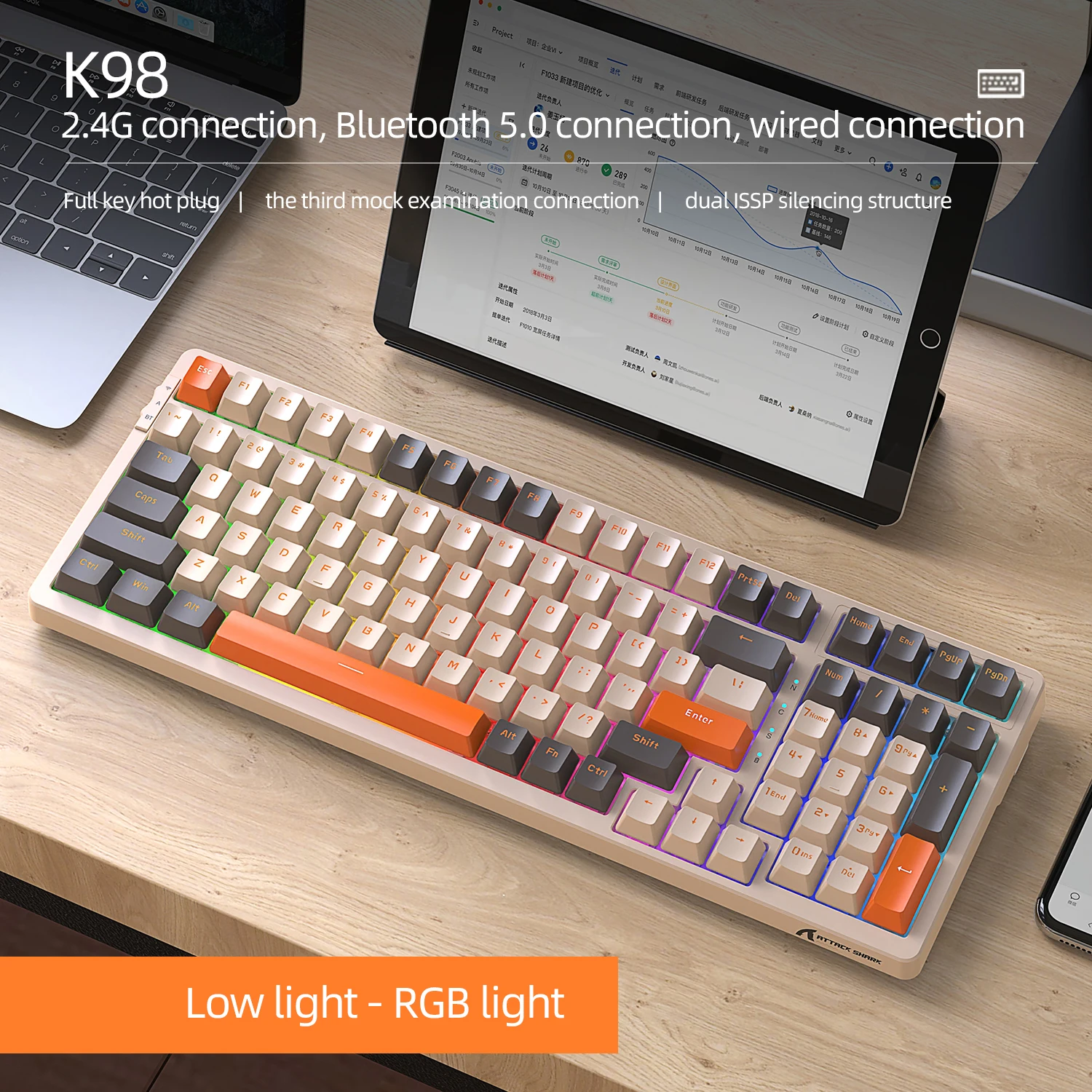 

Проводная/трехрежимная механическая клавиатура Attack Shark K98, 100 клавиш с возможностью горячей замены, PBT, красный, желтый переключатель, пользовательские игровые аксессуары с эффектом RGB