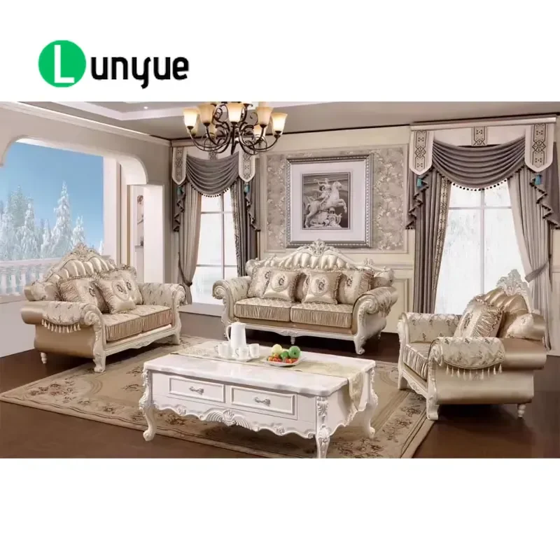 High Quality Classic Large European Home Fabric Wooden Soft Armrest Luxury Living Room Furniture Set Sofa