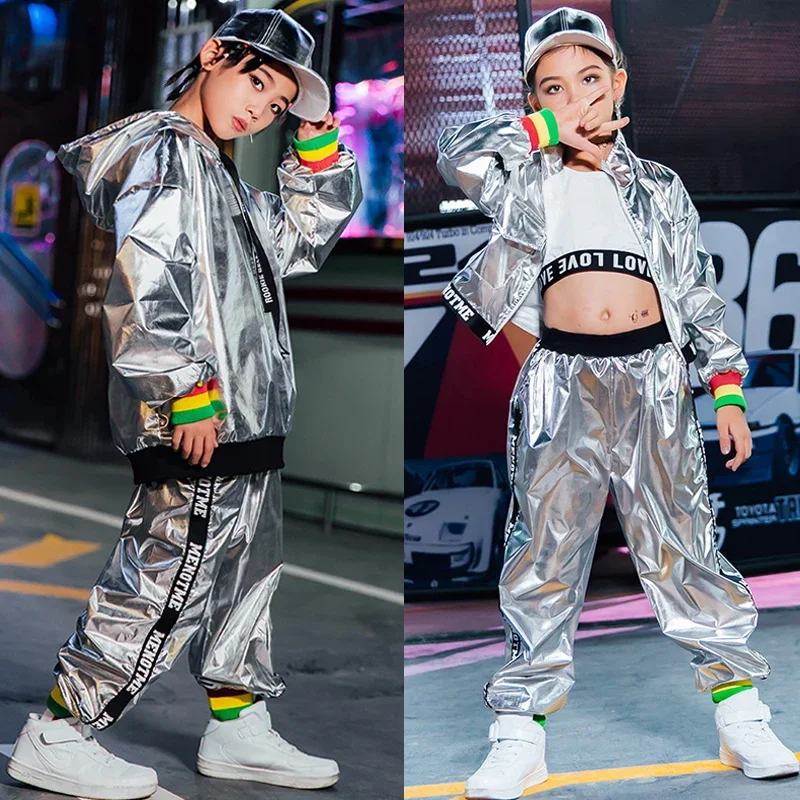 Silver Laser Sweatshirt Pants For Girls Jazz Dance Costume Boys Ballroom Dancing Outfits Kids Cool Hip Hop Clothing