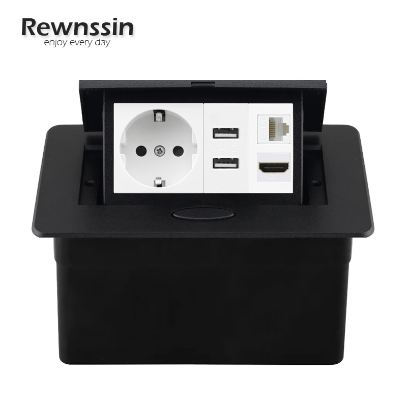 2 USB Ports EU Power Socket Desktop Built-in Pop-up Aluminum Alloy Socket + RJ45 Internet Interface HDMI USB Data Female Outlet