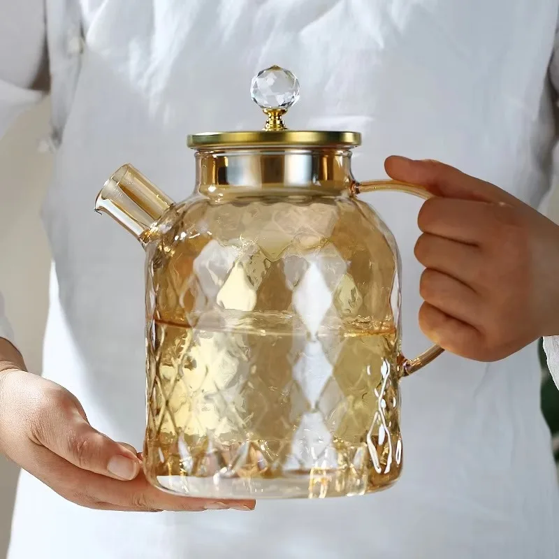 

1/1.8L Tea Pot High Borosilicate Glass Cold Water Kettle with Lid & Filter Amber Heat Resistant Tea Maker Blooming Tea