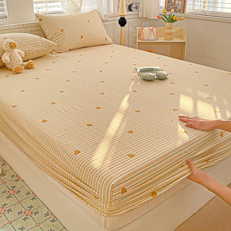 Double-layer Gauze Bed Sheet Pumpkin Printed Fitted Sheet Single/Twin/Queen/King Bed Cover for Double Bed sabanas matrimoniales