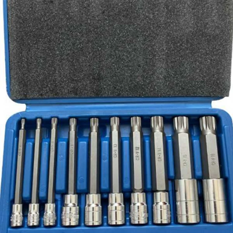 AA86 10-Pack Triple Spline Driver Socket Set 1/4In 3/8In 1/2In Tamper Resistant Long Reach Machine Repair Auto Tools